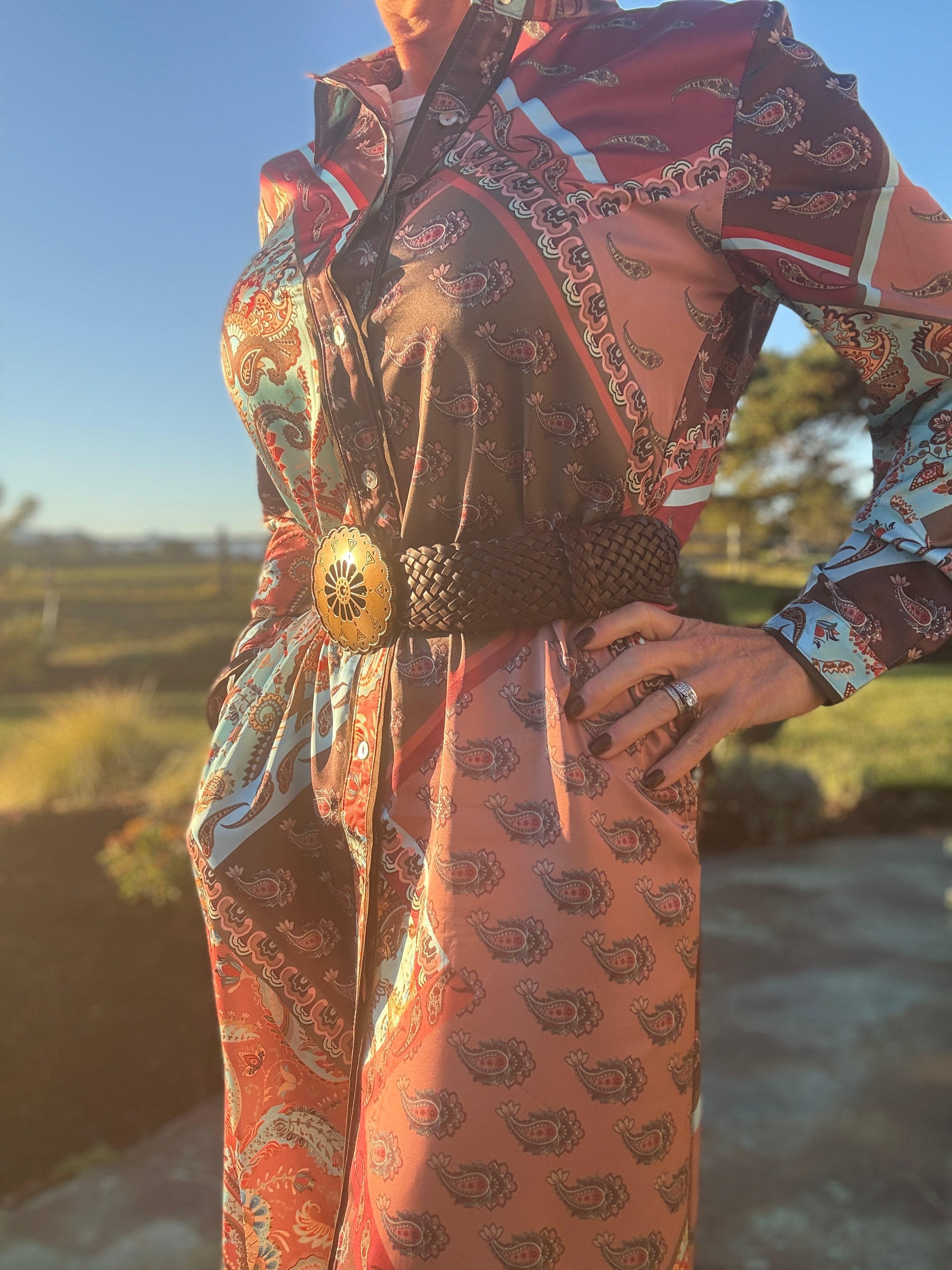 Patchwork Satin Print Shirt Dress