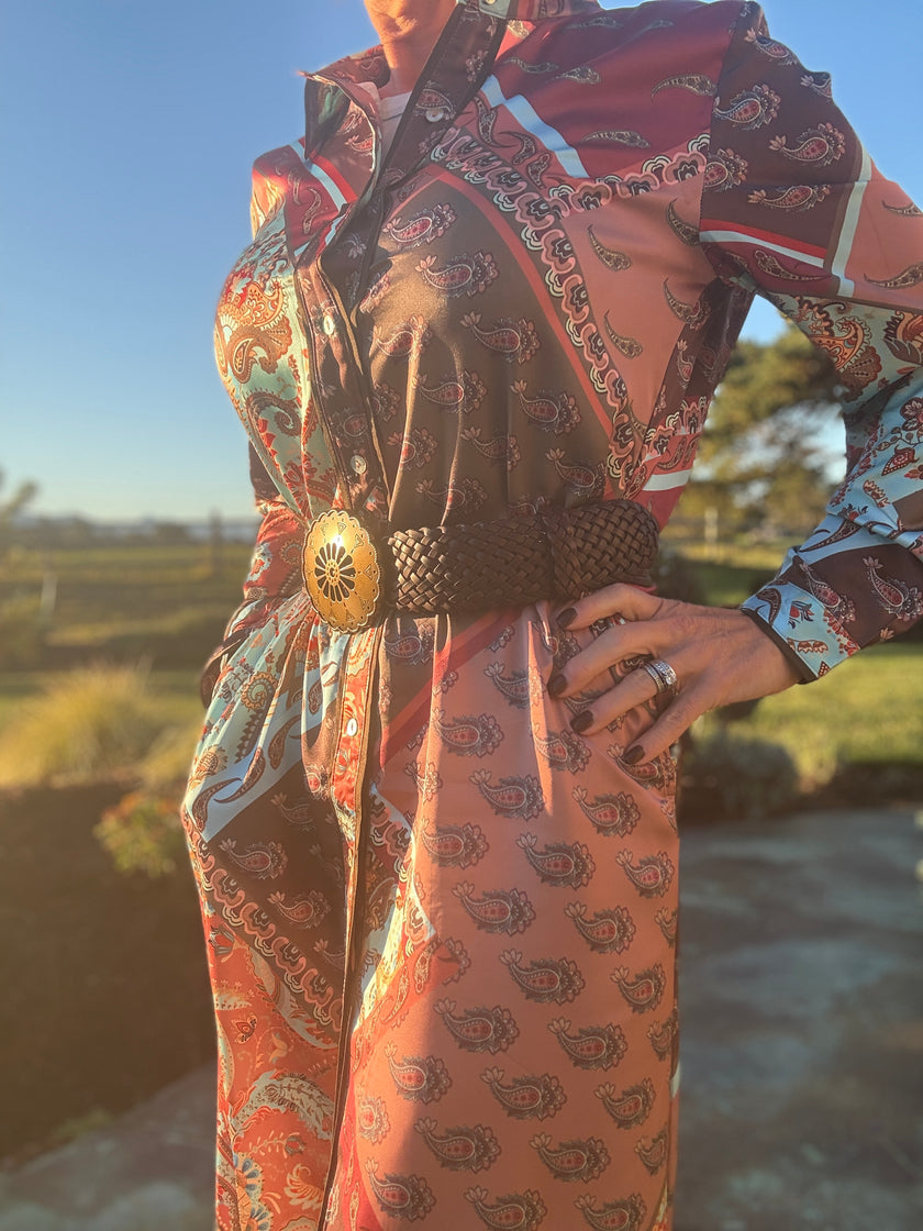 Patchwork Satin Print Shirt Dress