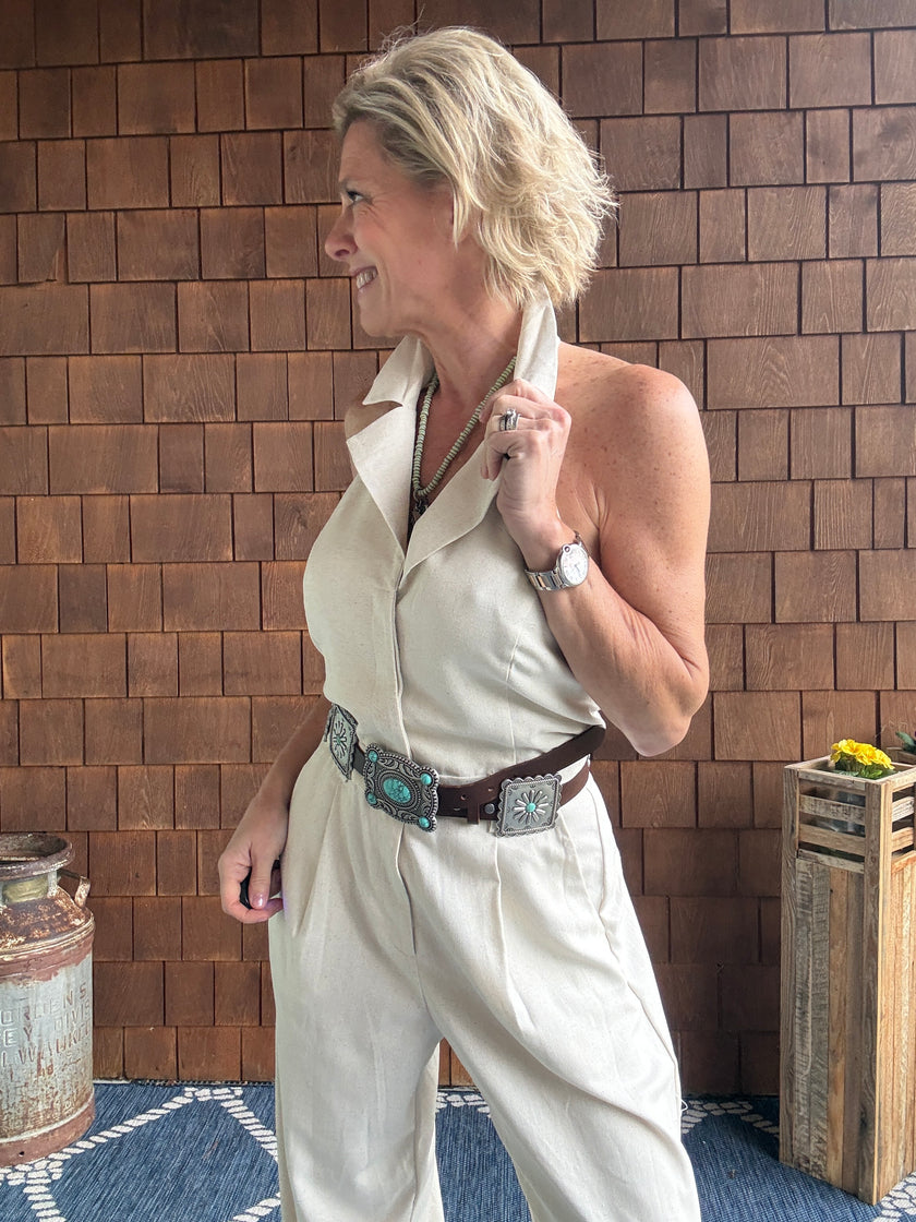 Heaven Sent Button Down Sash Belt Jumpsuit rachelle front