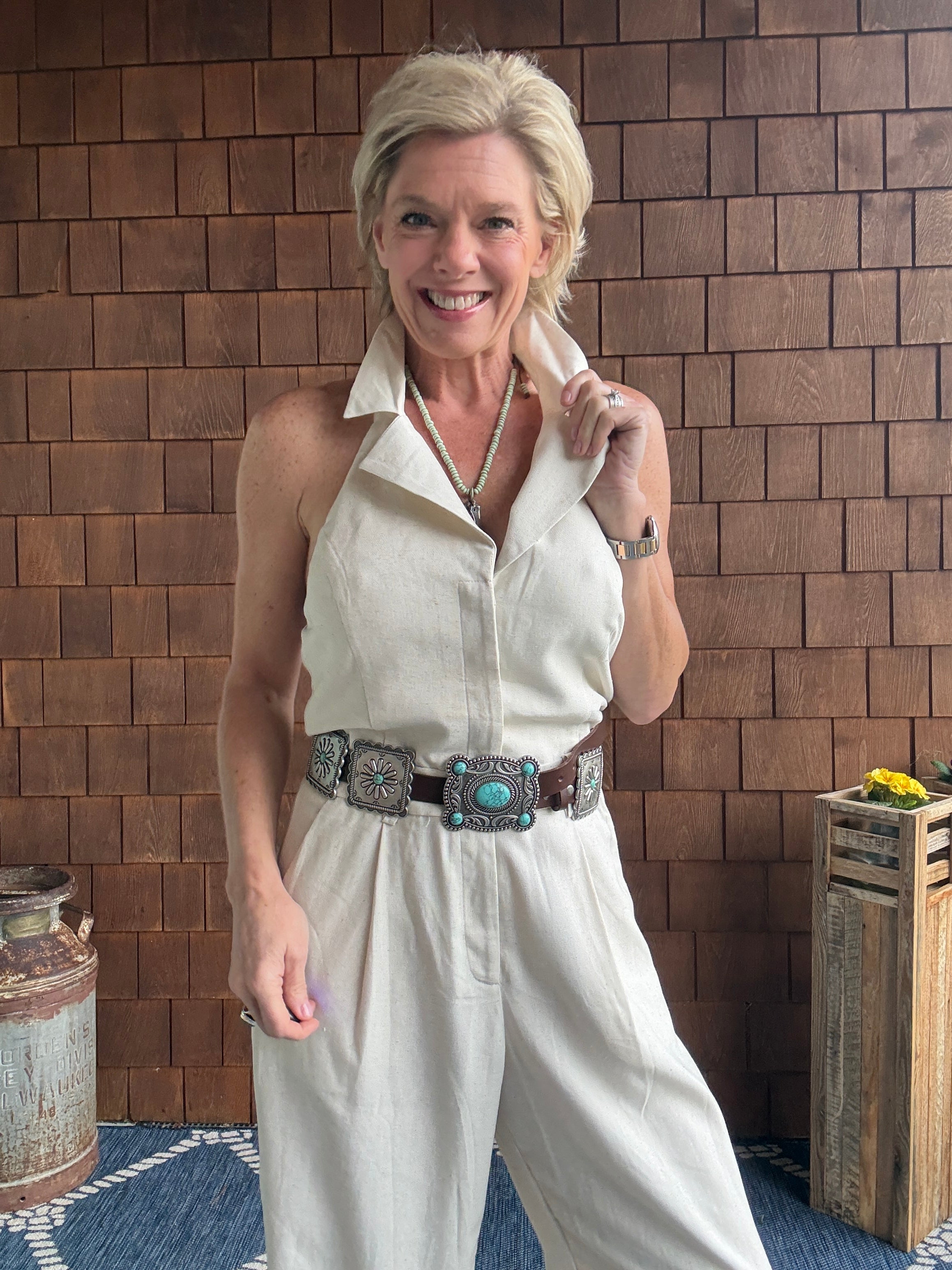 Heaven Sent Button Down Sash Belt Jumpsuit rachelle model front