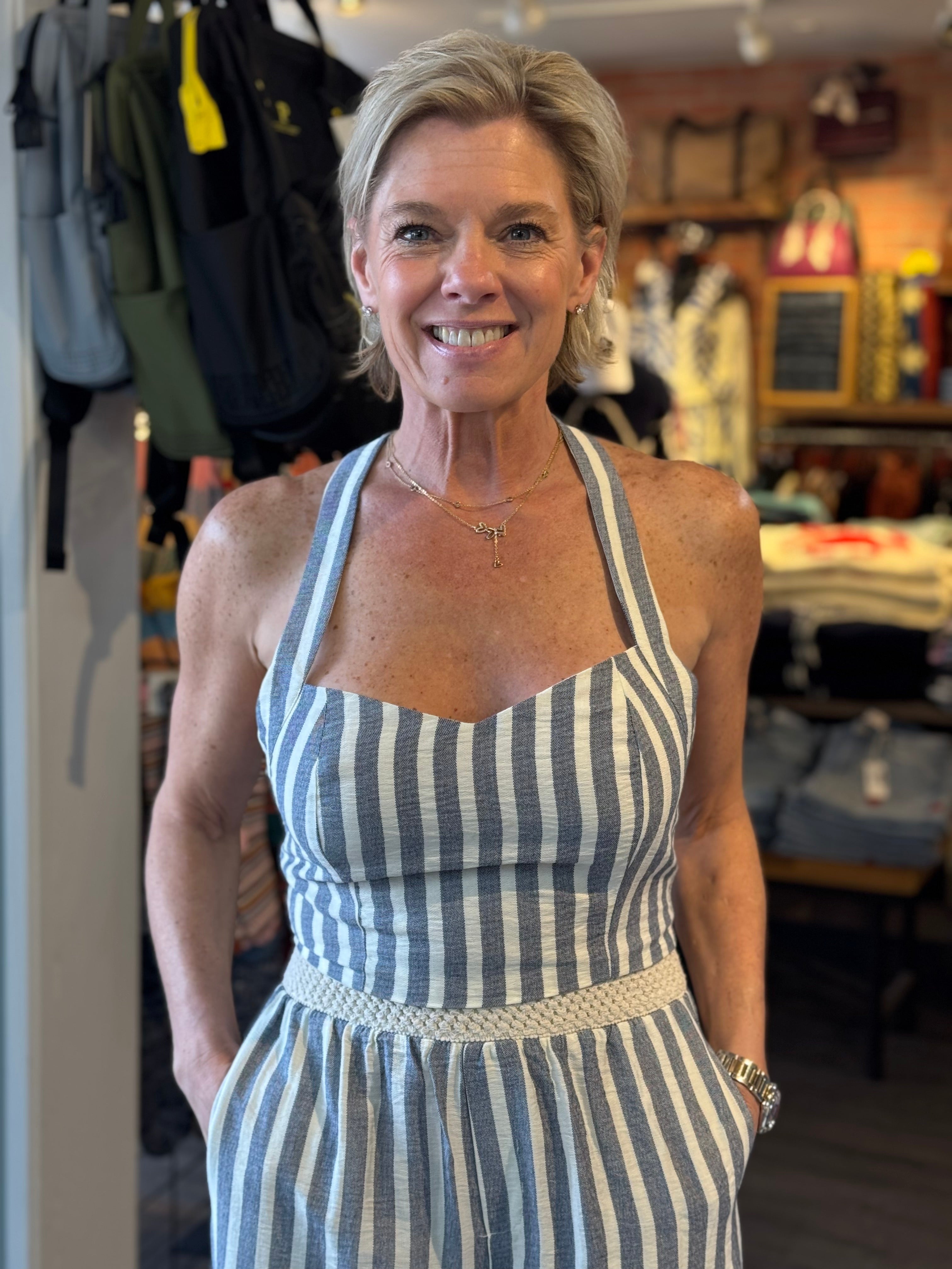 Printed Sleeveless Woven Top chambray stripe front