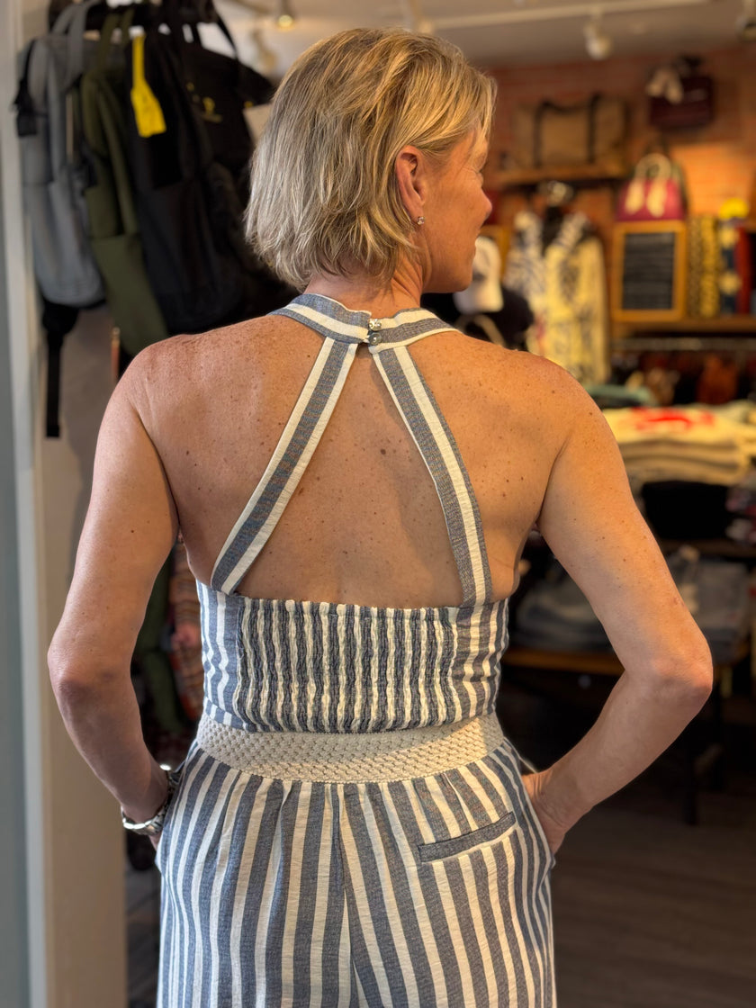 Printed Sleeveless Woven Top chambray stripe back