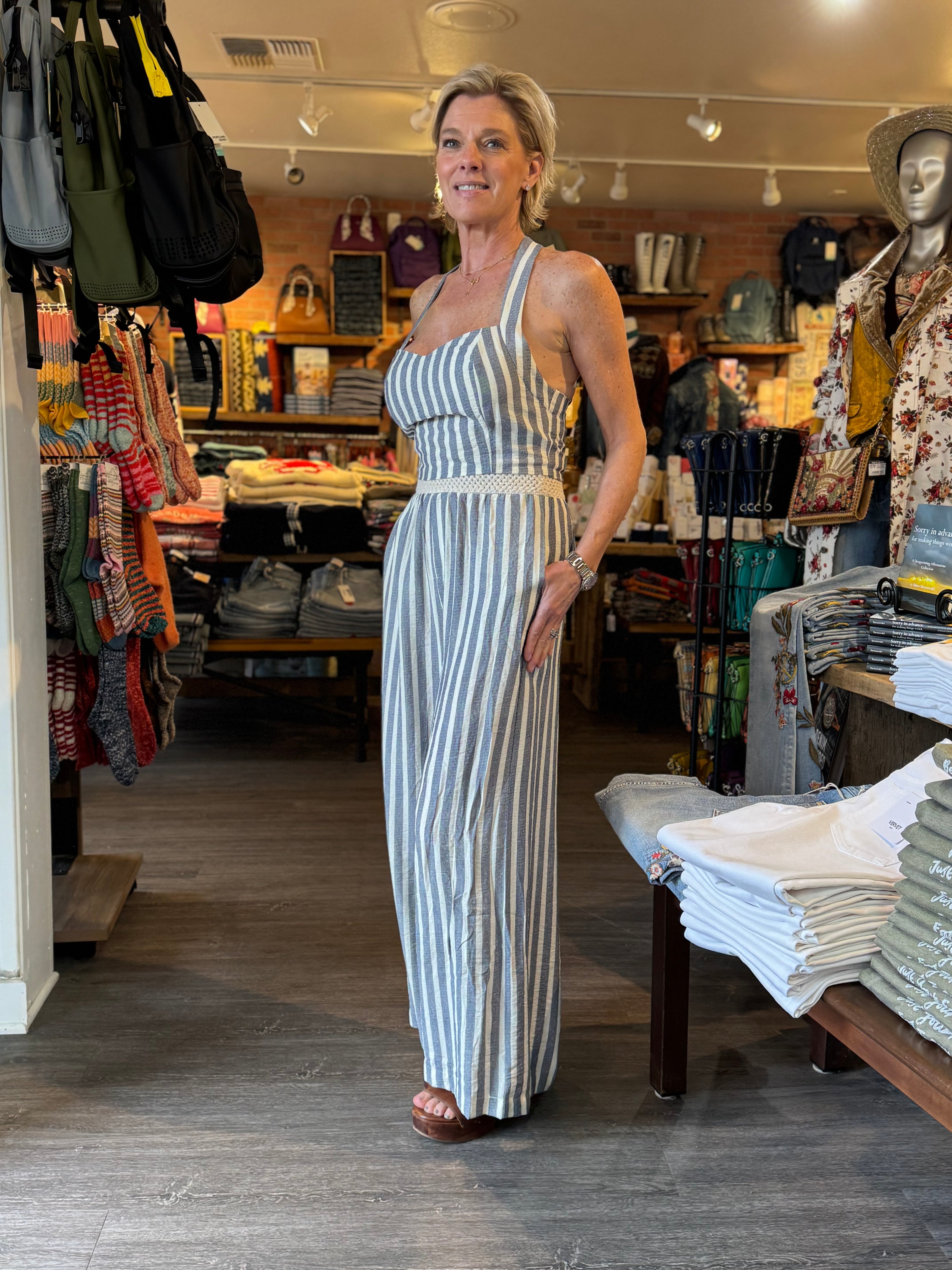 Printed Woven Pants chambray stripe front