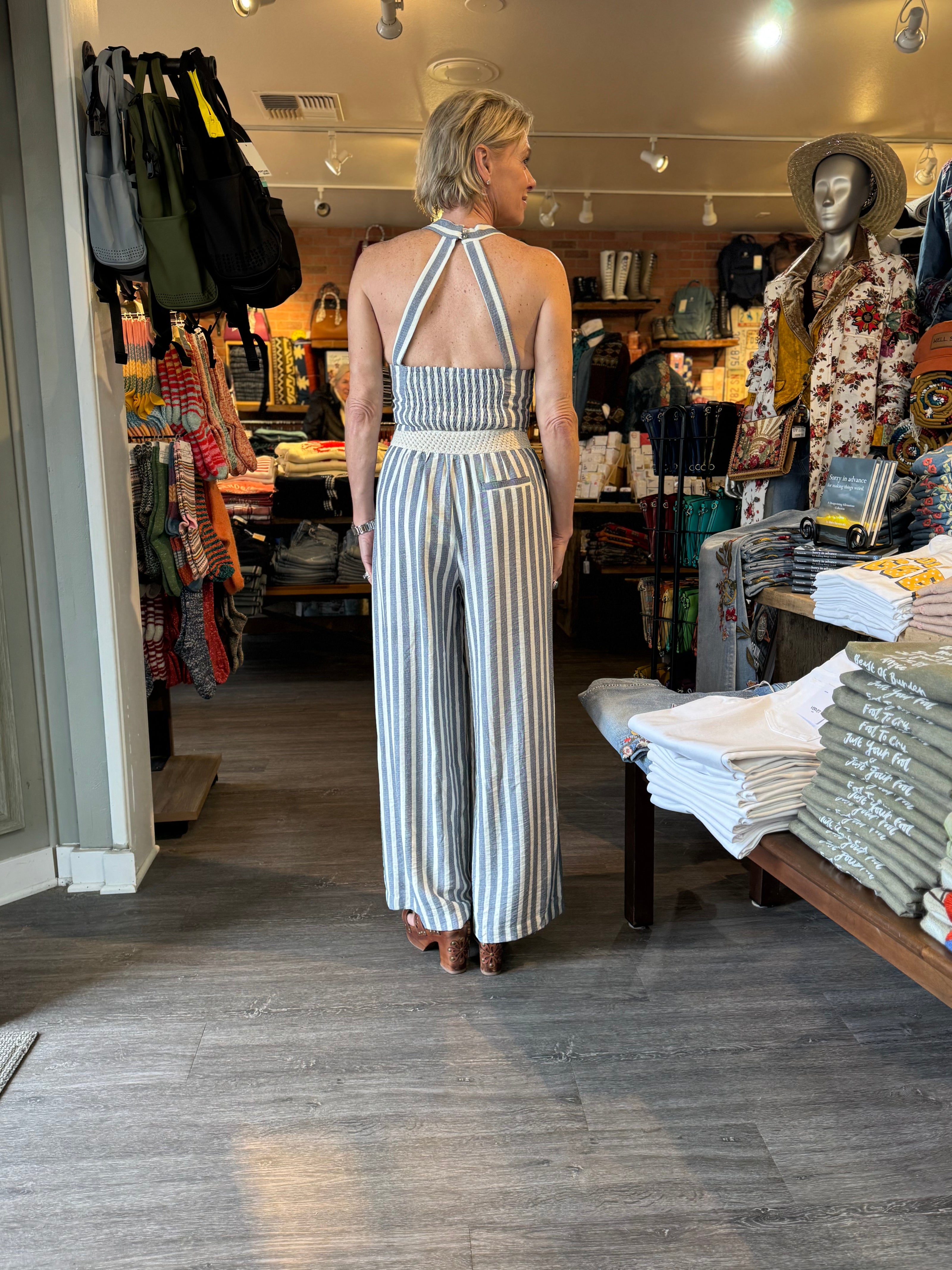 Printed Woven Pants chambray stripe back full outfit