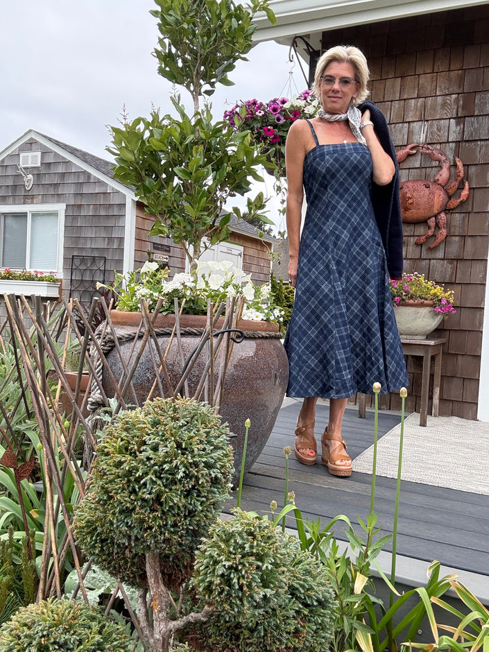 Maude Plaid Flare Midi Denim Dress