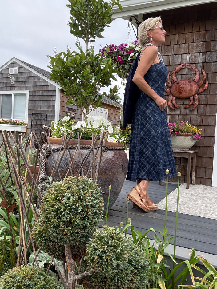 Maude Plaid Flare Midi Denim Dress