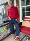 Slouchy Crop Barrel Cuffed Plaid Jean