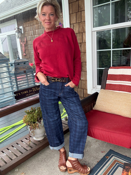 Slouchy Crop Barrel Cuffed Plaid Jean