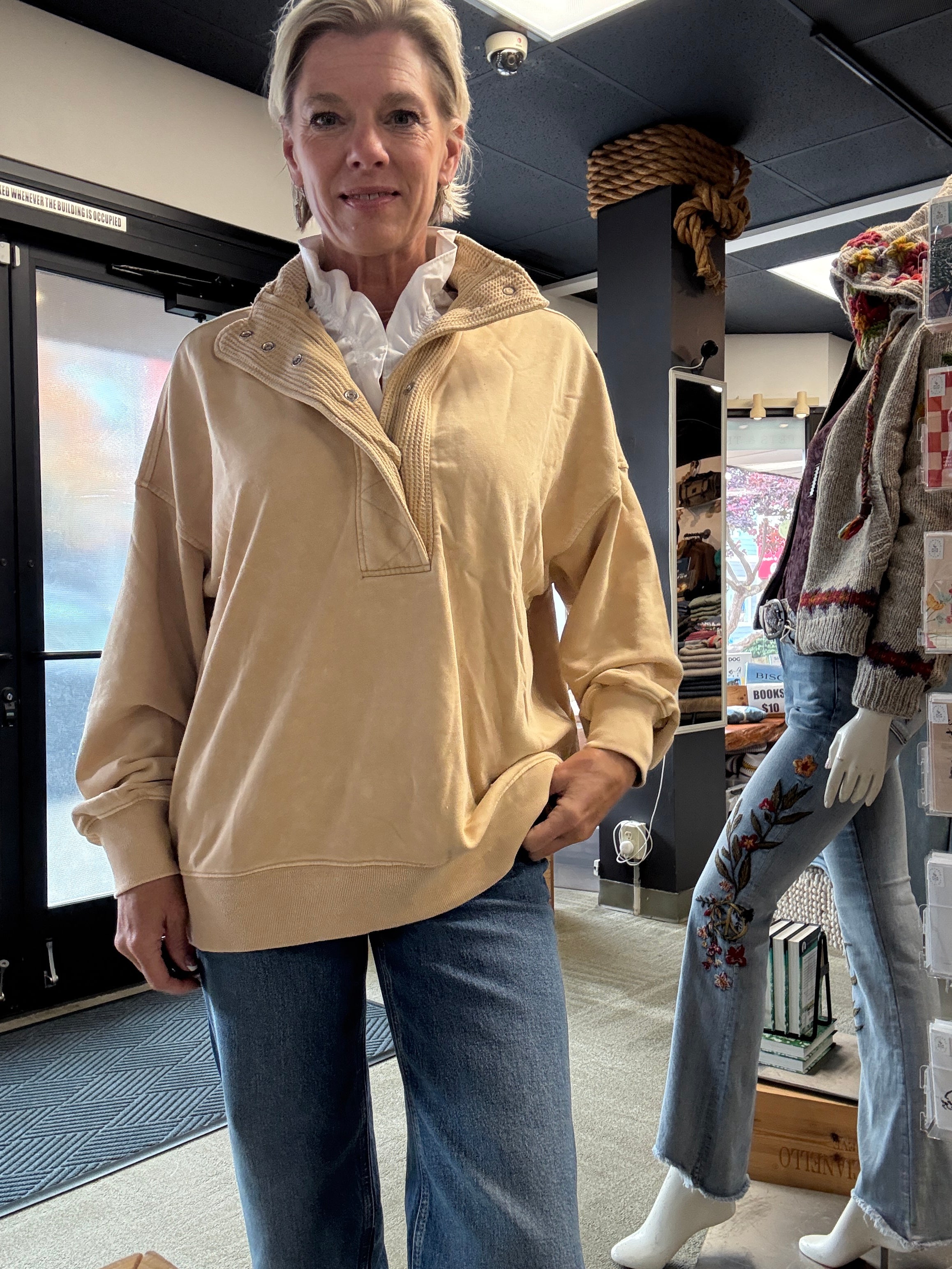 French Terry Quarter Snap Sweatshirt front camel