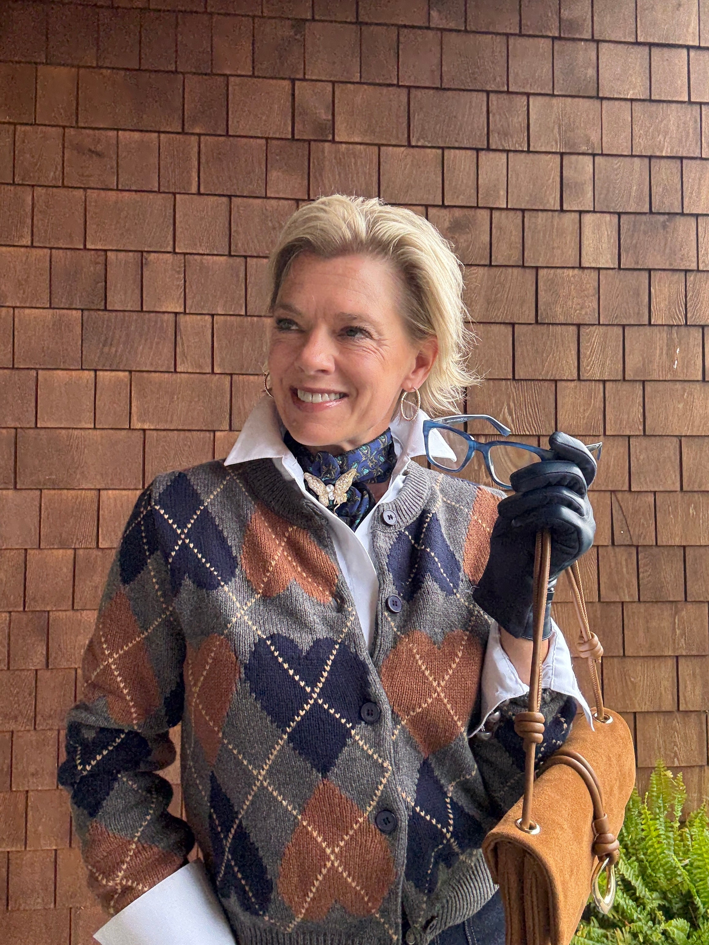 Cozy Heart Argyle Button Down Cardigan brown charcoal close up