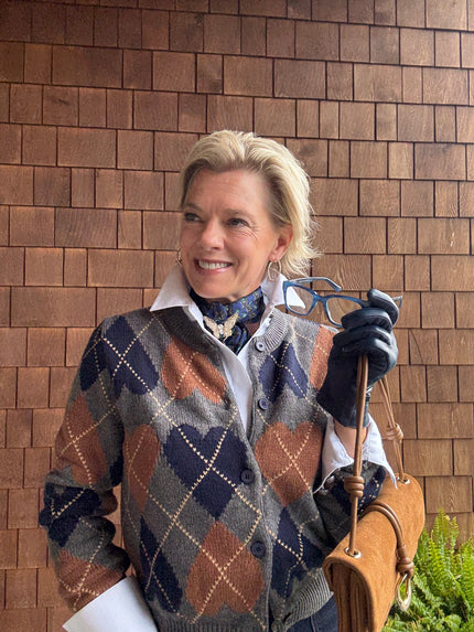 Cozy Heart Argyle Button Down Cardigan brown charcoal close up