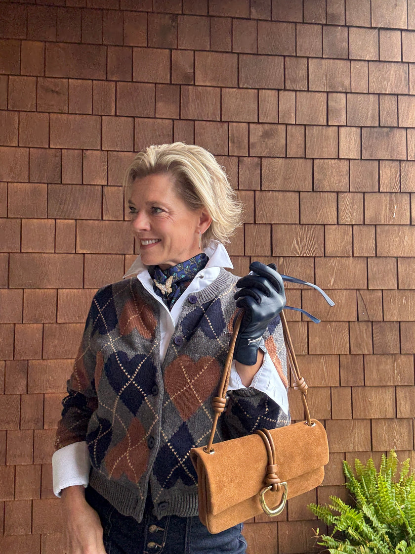 Cozy Heart Argyle Button Down Cardigan brown charcoal front with accessories