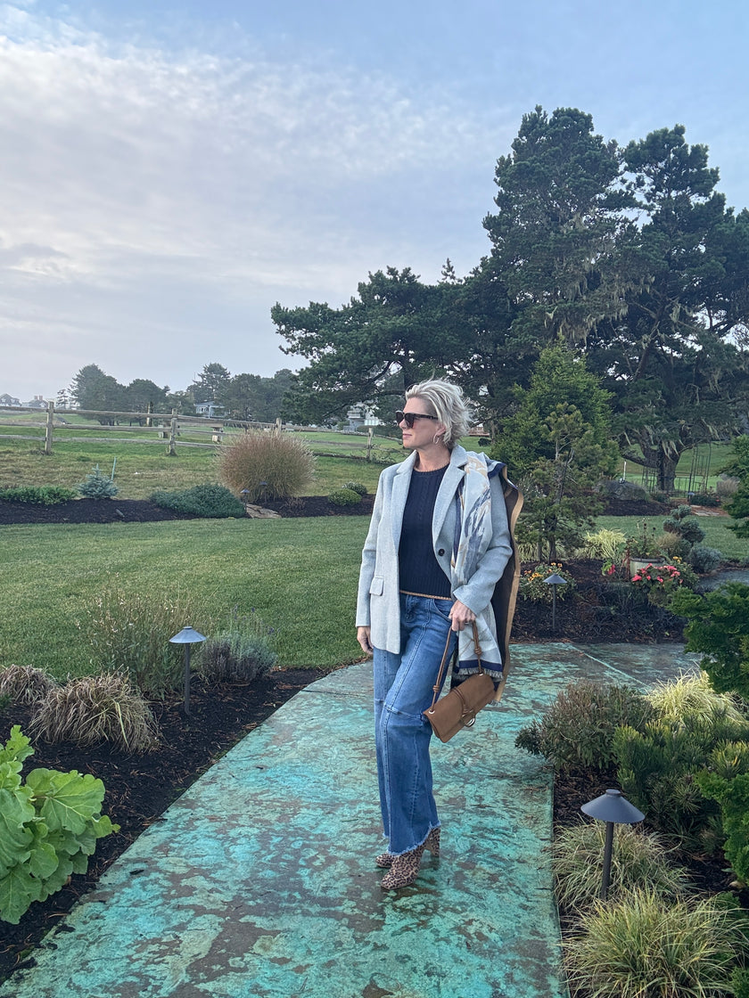 Oversized One Button Woven Blazer grey front styled