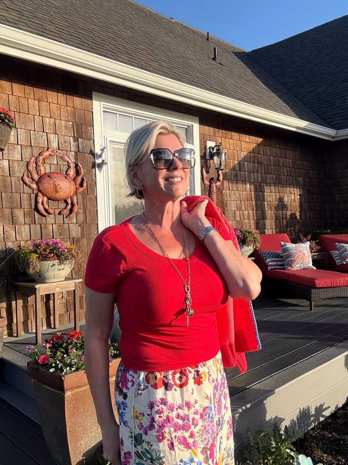 Rae Ribbed Round Neck SS Tee ruby front