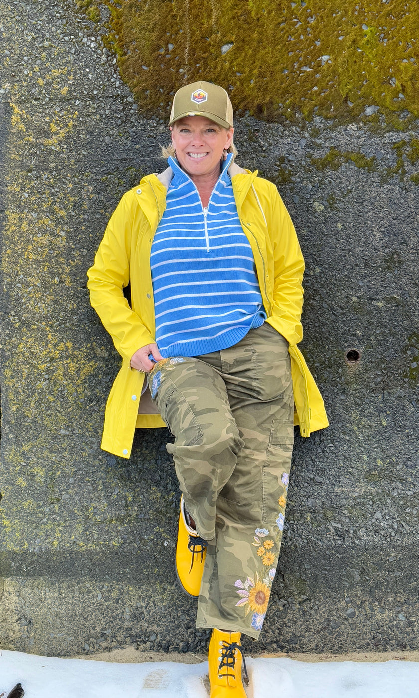 View from the front of a yellow Ilse Jacobsen 228FR Raincoat