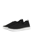 A pair of Black Ilse Jacobsen Tulip139 shoes with a laser cut pattern on the upper and a white sole.
