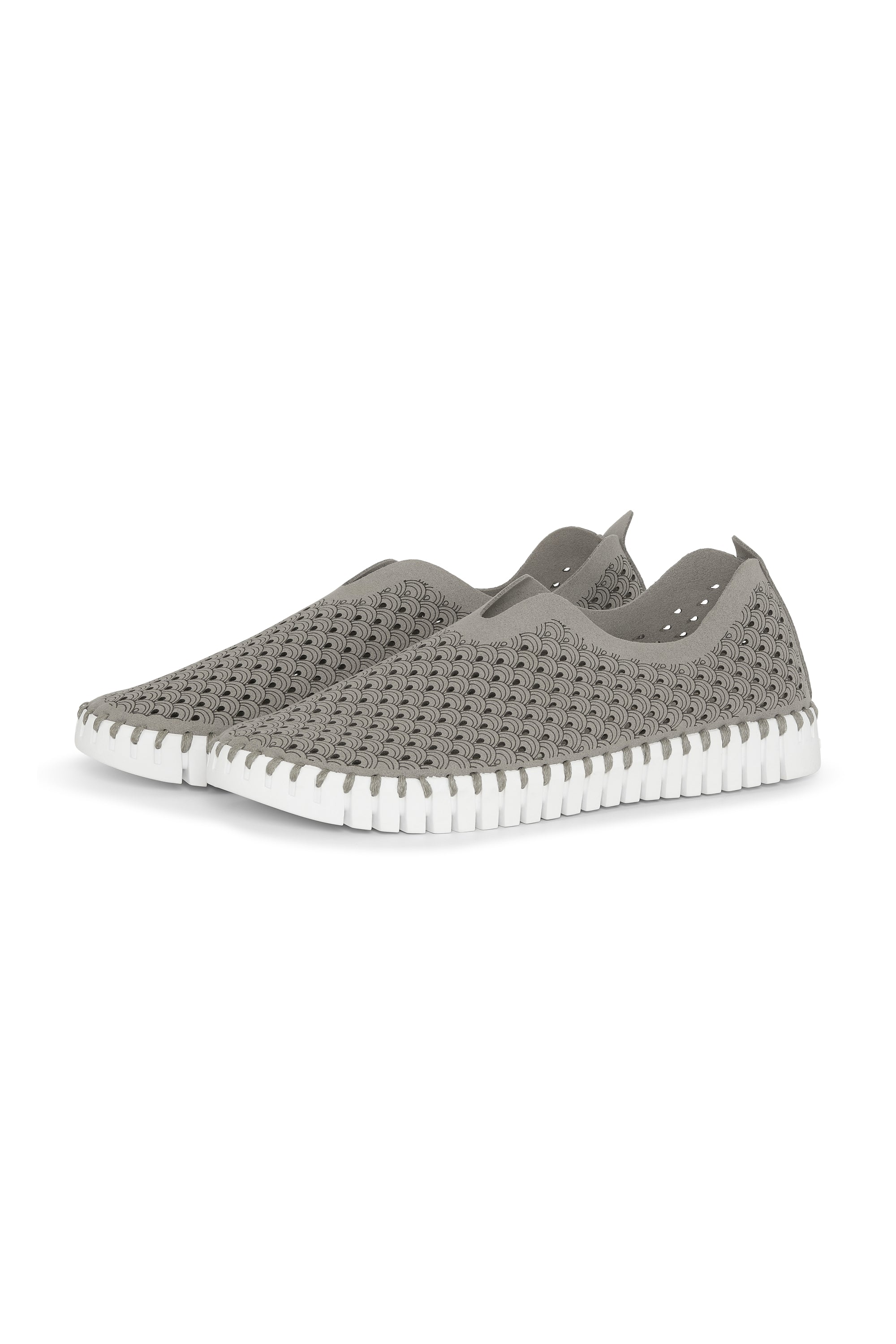 A pair of Grey Ilse Jacobsen Tulip 139 shoes with a laser cut pattern on the upper and a white sole