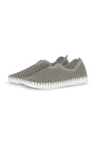 A pair of Grey Ilse Jacobsen Tulip 139 shoes with a laser cut pattern on the upper and a white sole