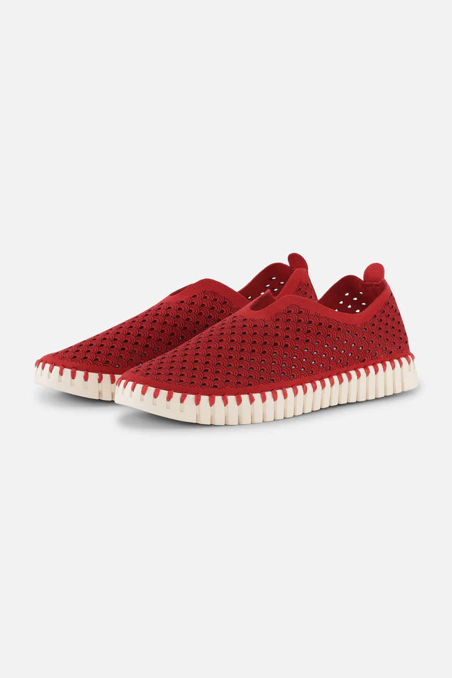 A pair of Deep Red Ilse Jacobsen Tulip139 shoes with a laser cut pattern on the upper and a white sole.