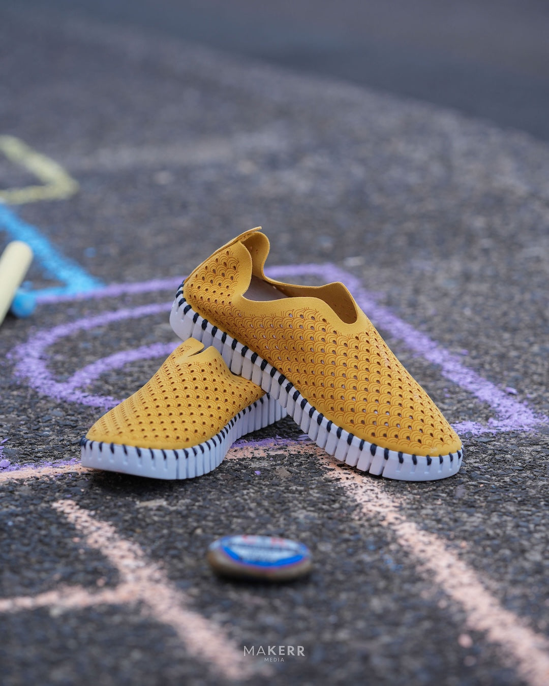 A pair of a Rachelle M exclusive colorway Seaside Stroll Ilse Jacobsen Tulip 139 shoes with a laser cut pattern on the upper and a white sole