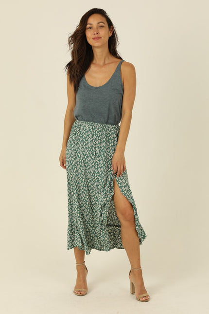 Isabelle Elastic Waist Ruffle Slit Cactus Print Skirt| frosty spruce-front