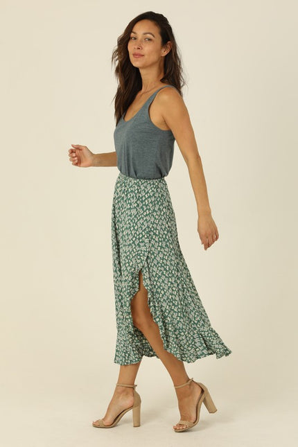 Isabelle Elastic Waist Ruffle Slit Cactus Print Skirt| frosty spruce-side