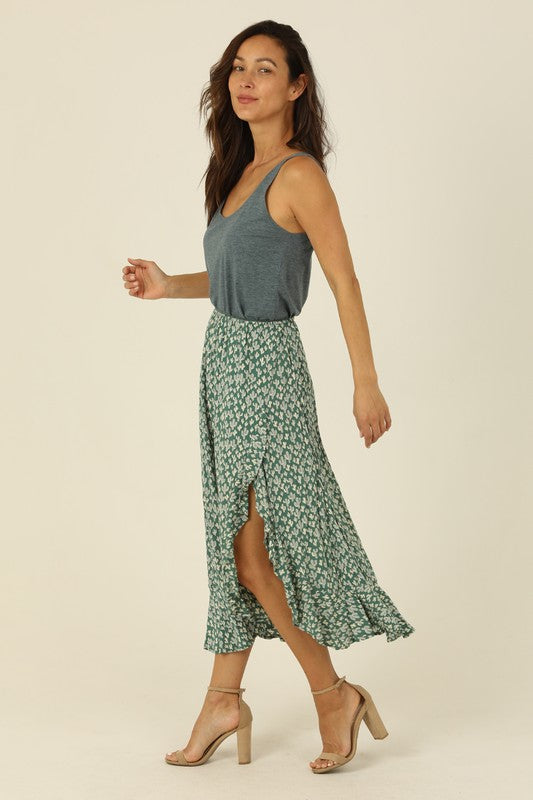 Isabelle Elastic Waist Ruffle Slit Cactus Print Skirt| frosty spruce-side