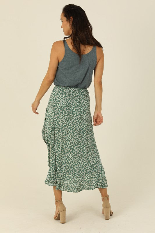 Isabelle Elastic Waist Ruffle Slit Cactus Print Skirt| frosty spruce-back