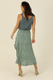 Isabelle Elastic Waist Ruffle Slit Cactus Print Skirt| frosty spruce-back