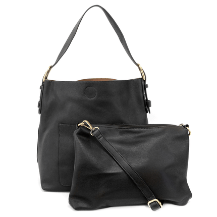 Black handbag with a matching pouch on a white background