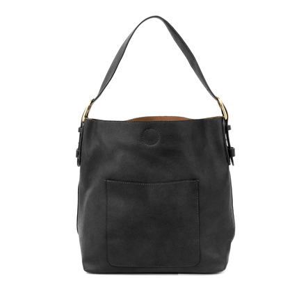 Black shoulder bag with a pocket on a white background