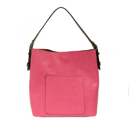 Bright Pink handbag with a brown strap on a white background