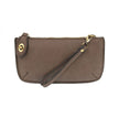A bark-colored mini crossbody wristlet clutch with brass plated hardware and a printed lining, displayed with the wristlet strap visible