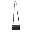 A black-colored mini crossbody wristlet clutch with brass plated hardware and a printed lining, displayed with the full strap visible