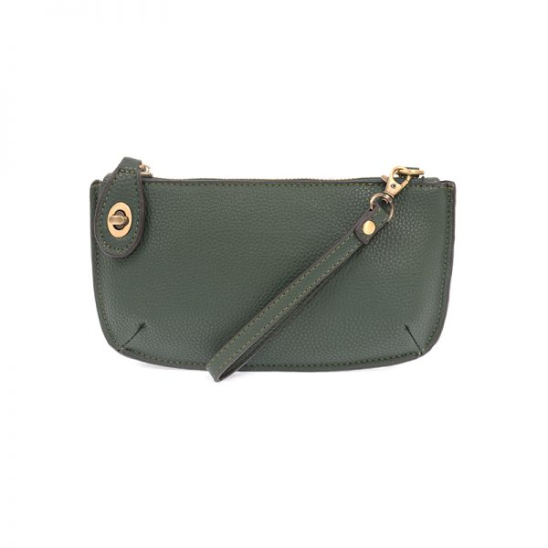 A chive-colored mini crossbody wristlet clutch with brass plated hardware and a printed lining, displayed with the wristlet strap visible