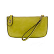 A cyber lime-colored mini crossbody wristlet clutch with brass plated hardware and a printed lining, displayed with the wristlet strap visible