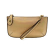 A gold holographic-colored mini crossbody wristlet clutch with brass plated hardware and a printed lining, displayed with the wristlet strap visible
