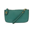 A Gulf Stream blue-colored mini crossbody wristlet clutch with brass plated hardware and a printed lining, displayed with the wristlet strap visible
