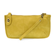 A lemon squeeze-colored mini crossbody wristlet clutch with brass plated hardware and a printed lining, displayed with the wristlet strap visible