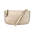 A metallic pearl-colored mini crossbody wristlet clutch with brass plated hardware and a printed lining, displayed with the wristlet strap visible