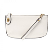 A white-colored mini crossbody wristlet clutch with brass plated hardware and a printed lining, displayed with the wristlet strap visible