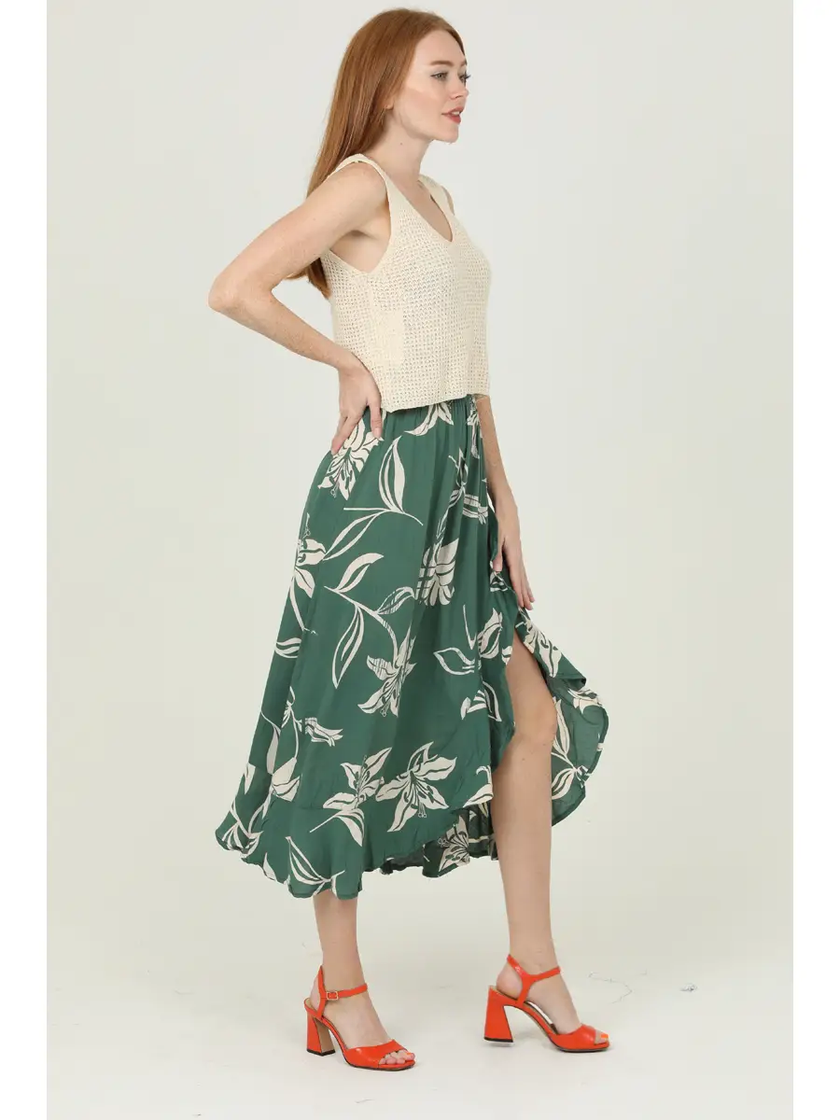 KAYLA RUFFLE SLIT PRINTED SKIRT green-side