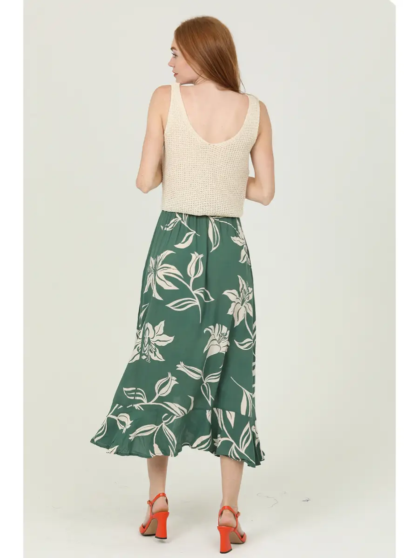 KAYLA RUFFLE SLIT PRINTED SKIRT green-back