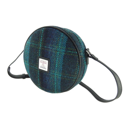 Scottish Harris Tweed Round Shoulder Bag - Blue with Turquoise Overcheck