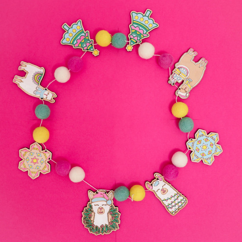 Do It Yourself Wood Garland fa la llama colored in