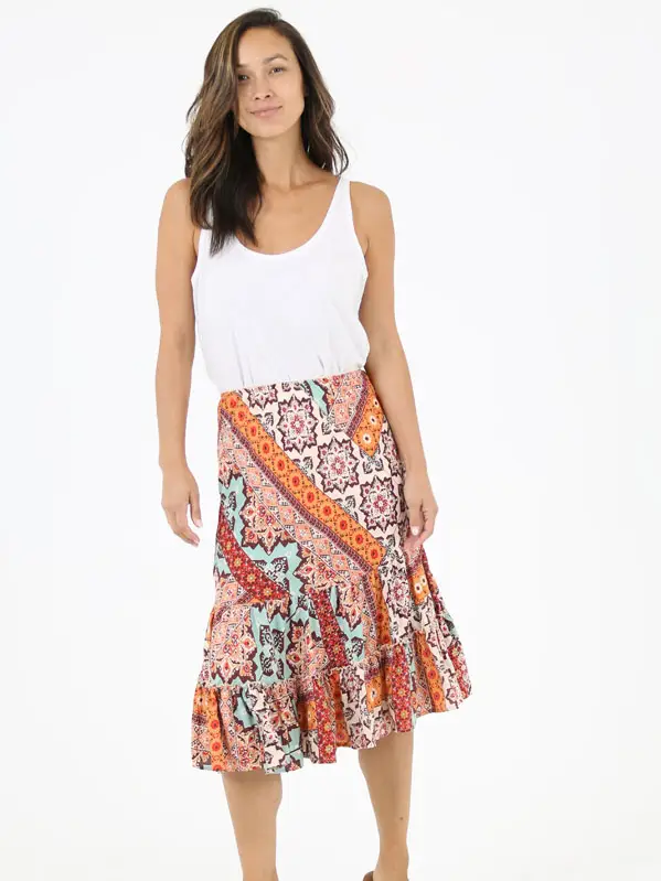 MINDY Mid-length skirt featuring a ruffle trim Tan-front