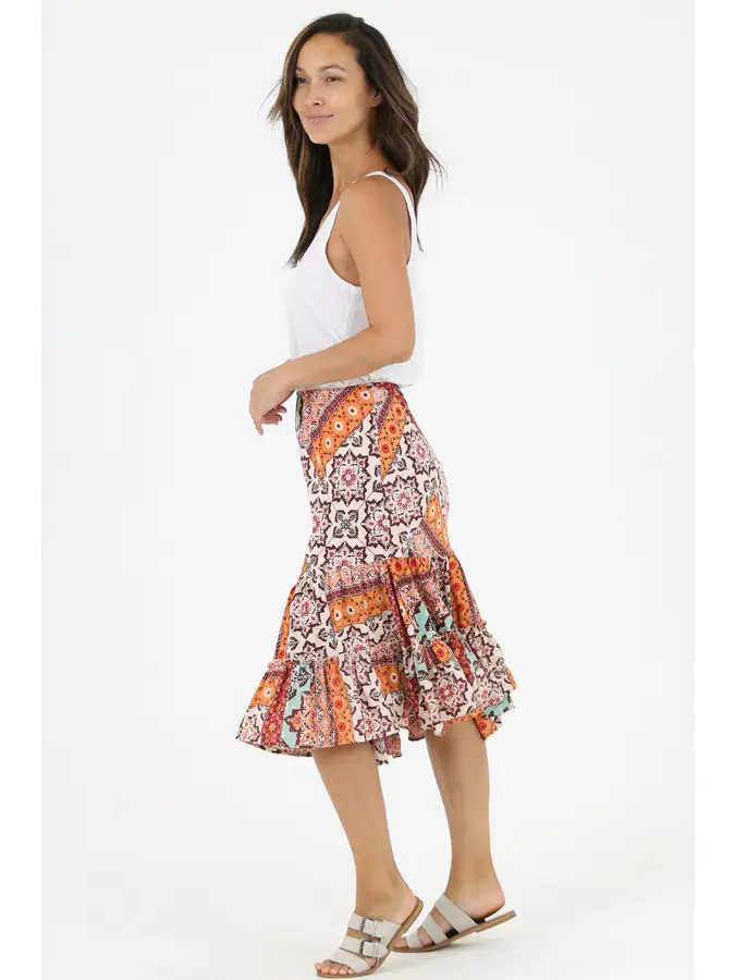 MINDY Mid-length skirt featuring a ruffle trim Tan-side