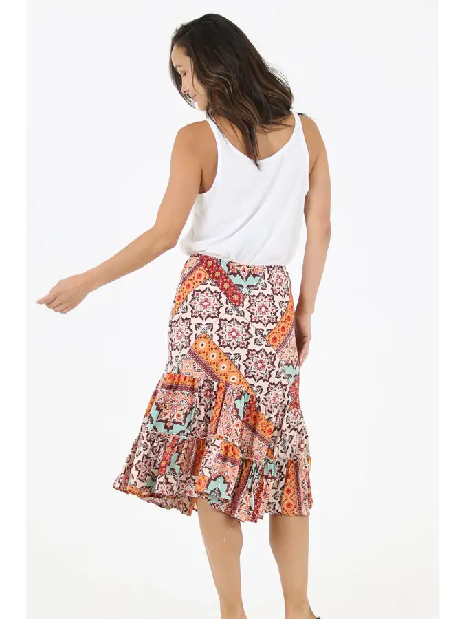 MINDY Mid-length skirt featuring a ruffle trim Tan-back