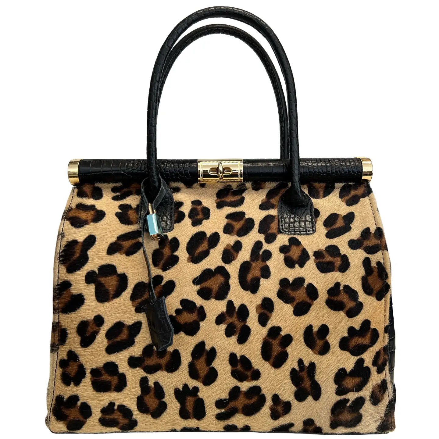 Modern Genuine Coconut Leather Handbag + Real Pony Fur Flower - Big Leopard front