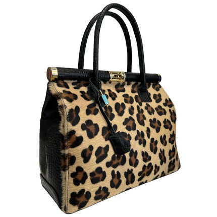 Modern Genuine Coconut Leather Handbag + Real Pony Fur Flower - Big Leopard front/side